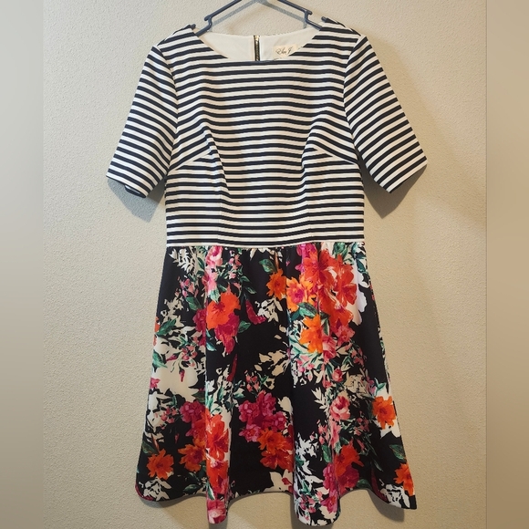 Eliza J size 14 Striped and Floral Mixed Media Scuba Ruffle Dress Brand New! - Picture 3 of 9